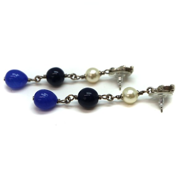 CHANEL Blue White Pearl Long Strand Triple Pearl Stone Earrings - Picture 4 of 5